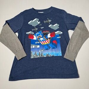 Marvel Captain America Lego Graphic T-shirt Kids XL Blue Long Sleeve Shirt